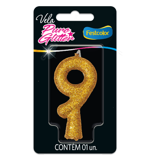 VELA PURO GLITTER DOURADA N° 9Festcolor - Sua melhor festa!