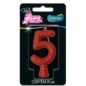 VELA PURO GLITTER VERMELHA N° 5