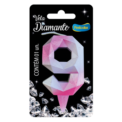 Produto Festcolor - VELA DIAMANTE ROSA E PRATEADA N° 9