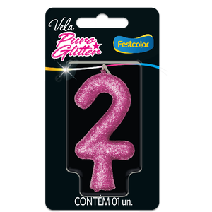 VELA PURO GLITTER ROSA N° 2