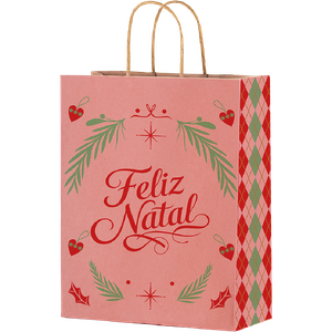 SACOLA DE PAPEL P 28X18X9 NATAL CLÁSSICO ROSA