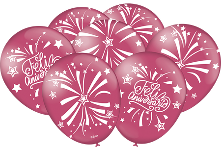 BALÃO DECORADO FELIZ ANIVERSÁRIO ROSA ESCURO